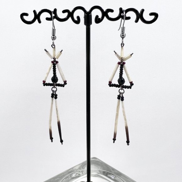 Beautiful Porcupine Quill Black & Red Beaded Silver Tone Fishhook Earrings - Picture 3 of 7